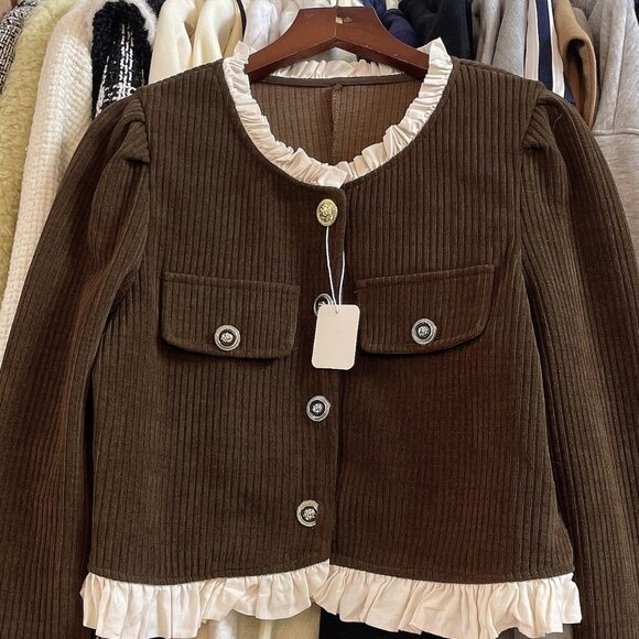 Cute Brown Ribbed Ruffle Trim Cardigan - Picture 2 of 4